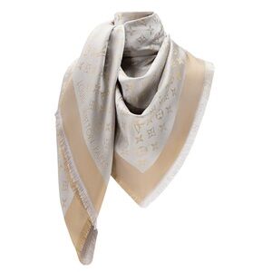 Louis Vuitton Monogram 2 sides Shawl Scarf Silk/Wool Gold/Silver